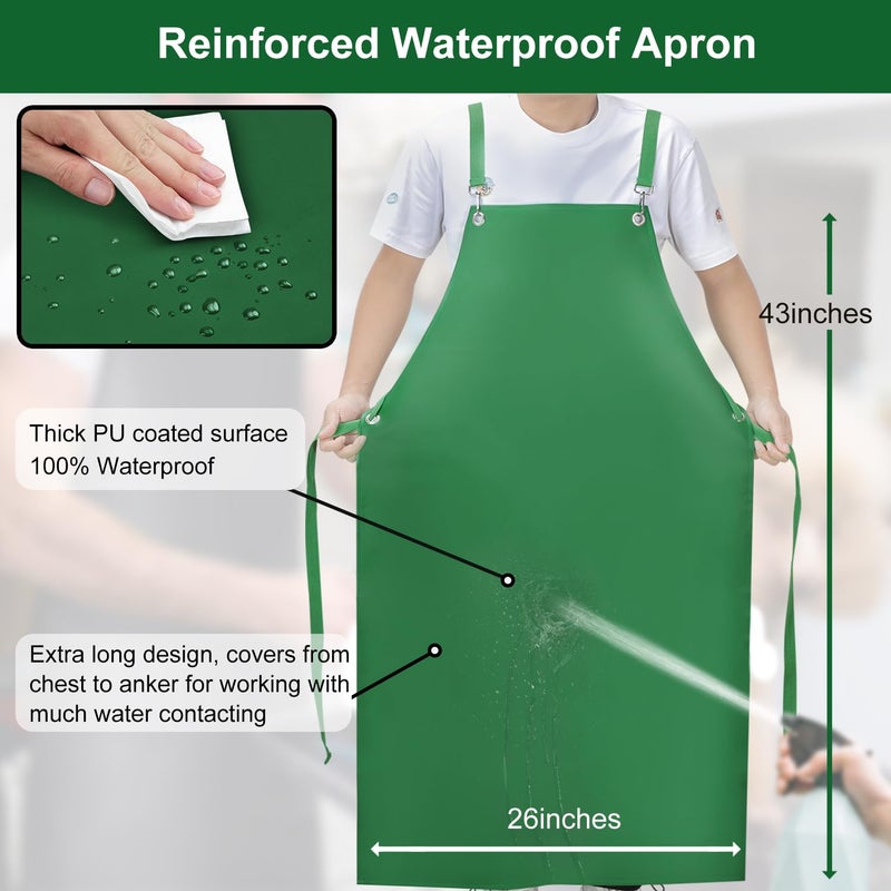 SHEOMERN Waterproof Aprons for Men  43"" Long PU Rubber Heavy Duty Apron with Adjustable X-Strap for Dishwasher  Butcher  Dog Grooming  Lab Chemical Work (Green) - Image 2